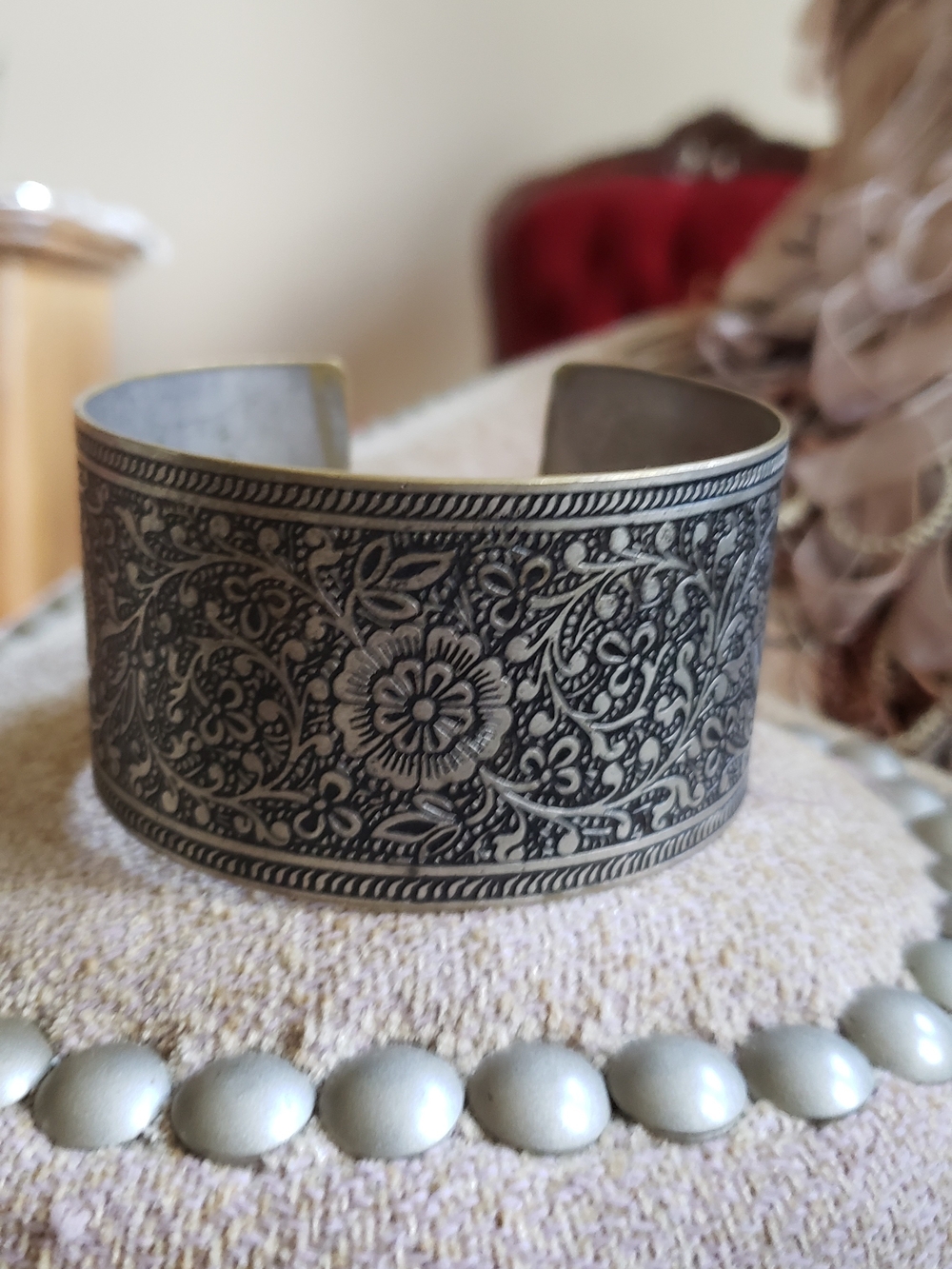 Antique Silver Floral Wide Cuff Bracelet
